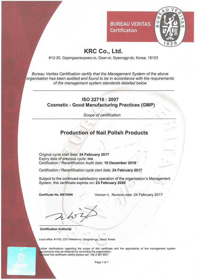 Nail Of Queen NOQ Bureau Veritas Certification KRC Co., Ltd ISO22716 2007 Good Manufacturing Practices
