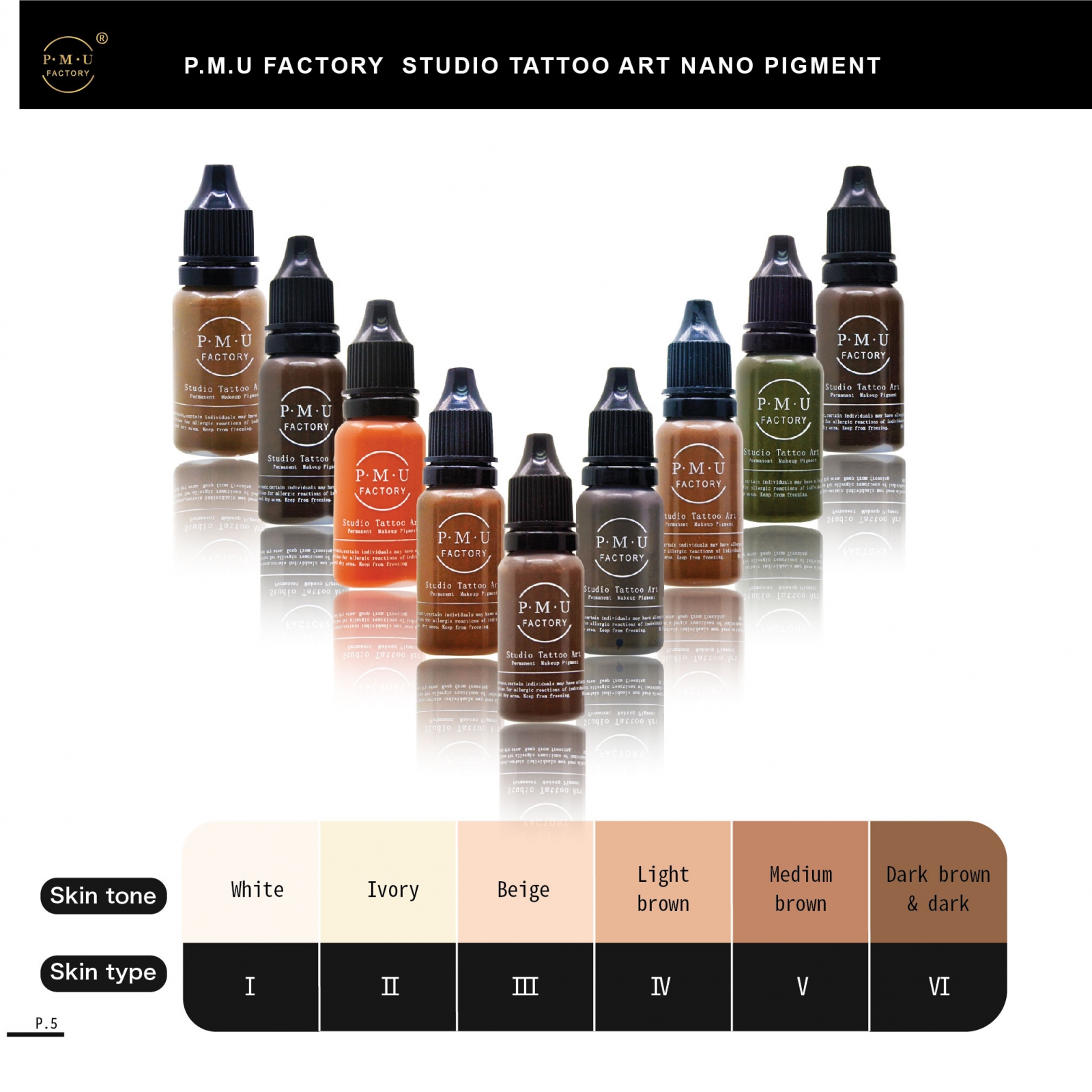 PMU FACTORY STUDIO TATTOO ART NANO PIGMENT SKIN TONE SKIN TYPE WHITE IVORY BEIGE LIGHT BROWN MEDIUM BROWN DARK BROWN DARK I II III IV V VI.jpg