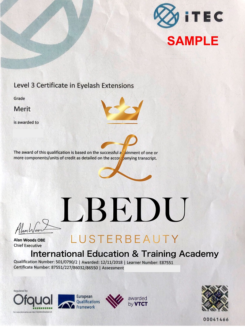 ITEC LEVEL 3 CERTIFICATE IN EYELASH EXTENSION TREATMENT 先修課程 VTCT (iTEC) Level 3 CERTIFICATE 高級美睫嫁接全科國際資歷架構認證課程 RQF EQF