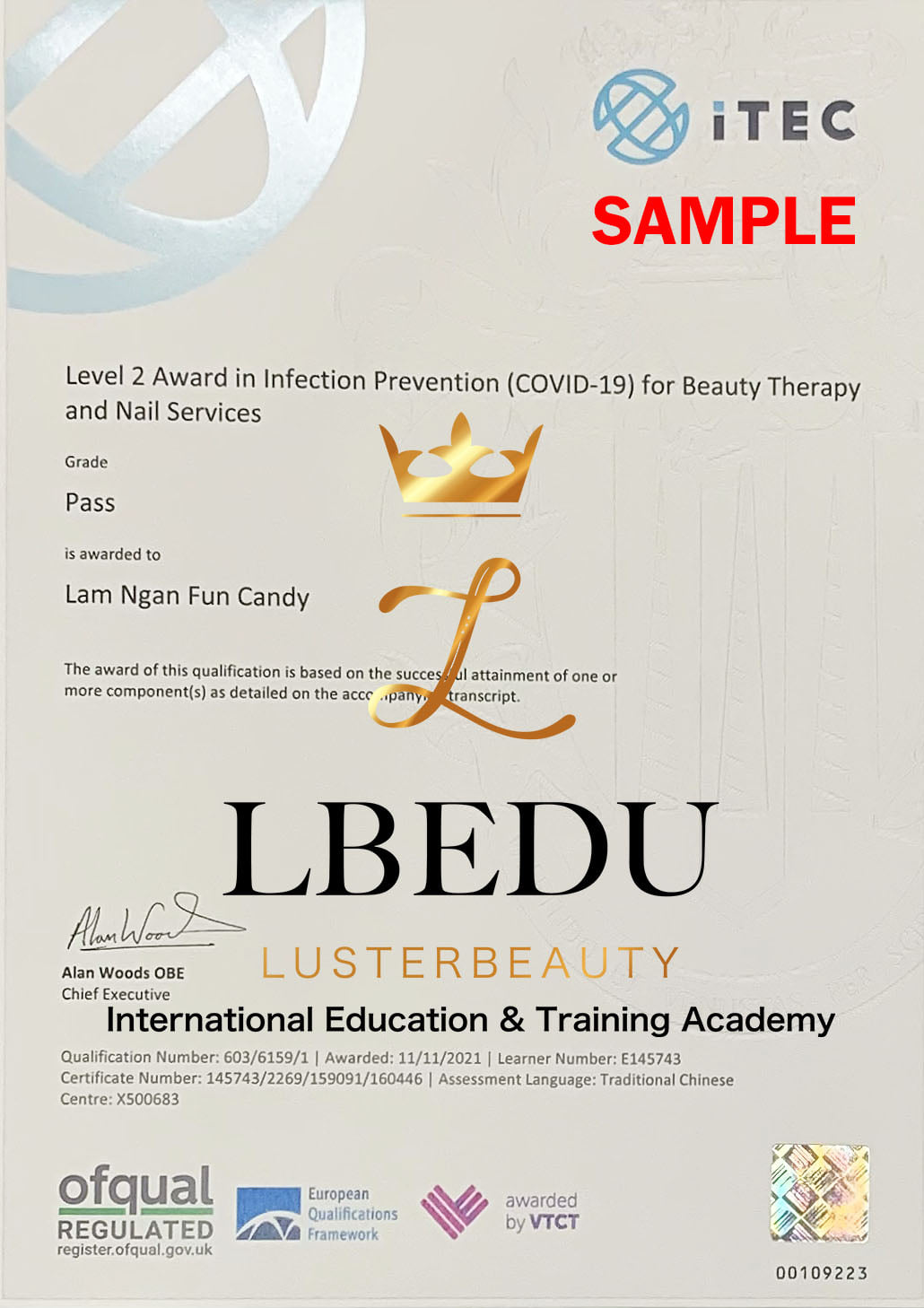 Luster Beauty LBEDU VTCT OFQUAL iTEC Level 2 Award in Infection Prevention (COVID-19) for Beauty Therapy and Nail Services sample certificate Level 2 AWARD 臨床美學國際預防感染 COVID19 國際資歷架構認證課程 RQF EQF
